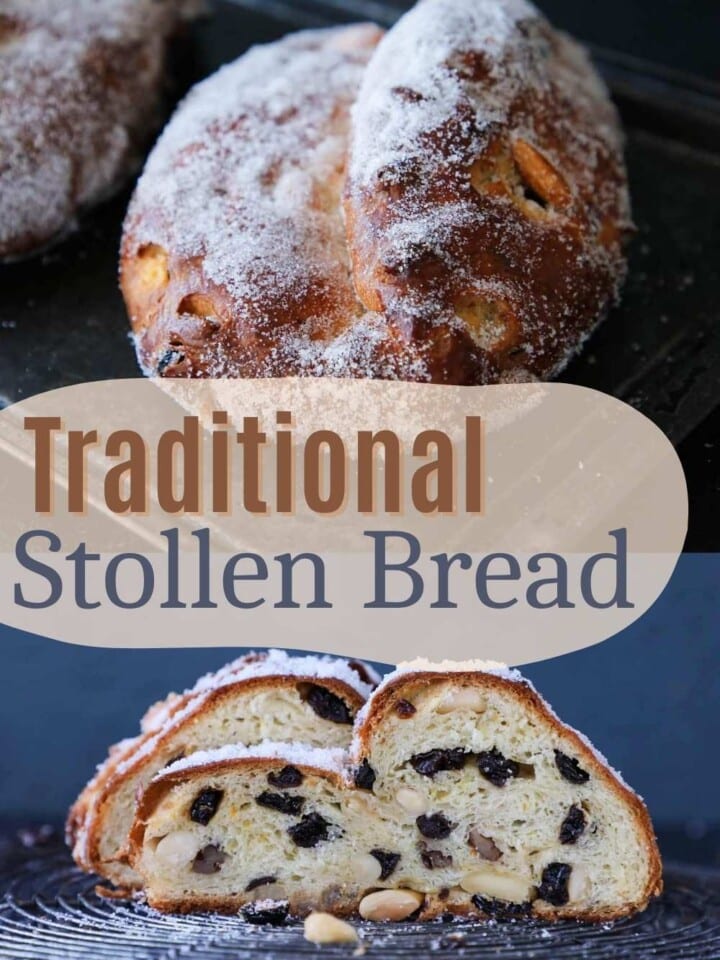 Holiday stollen bread on a cooling rack, garnished with powdered sugar and candied fruits.