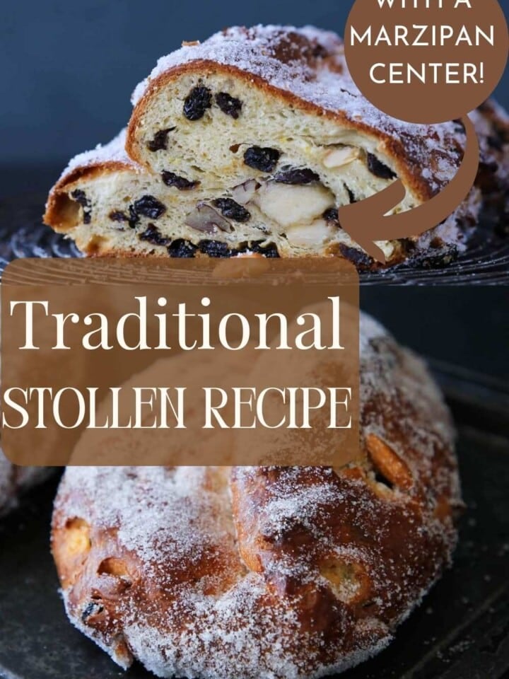 Authentic stollen bread with marzipan center, perfect for Christmas breakfast or dessert.