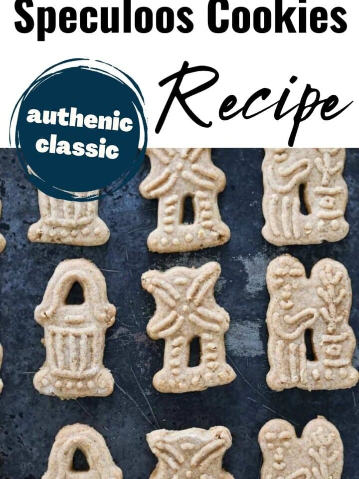 Close-up of a golden-brown speculoos cookie with intricate spice-infused details.