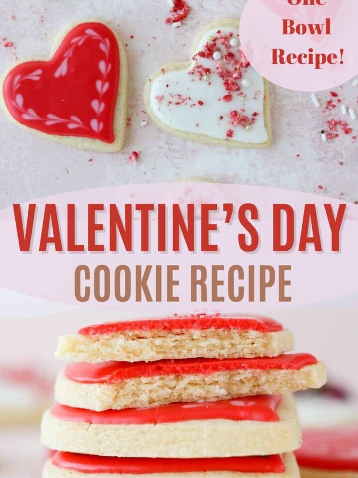 A stack of heart-shaped sugar cookies decorated with pink and white royal icing.