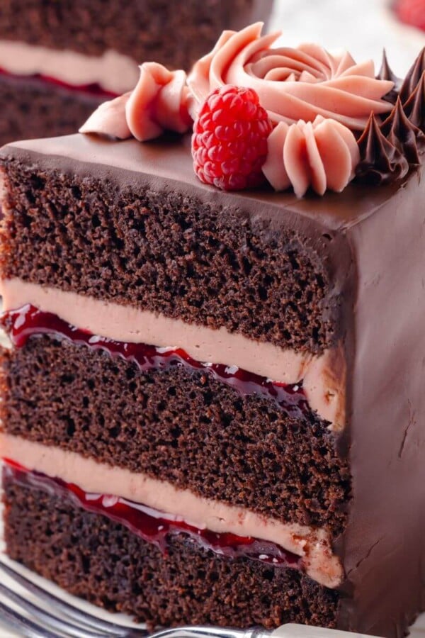 A three-layer chocolate raspberry cake slice.