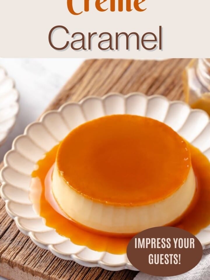 A plate of silky crème caramel inverted to reveal its amber caramel glaze.