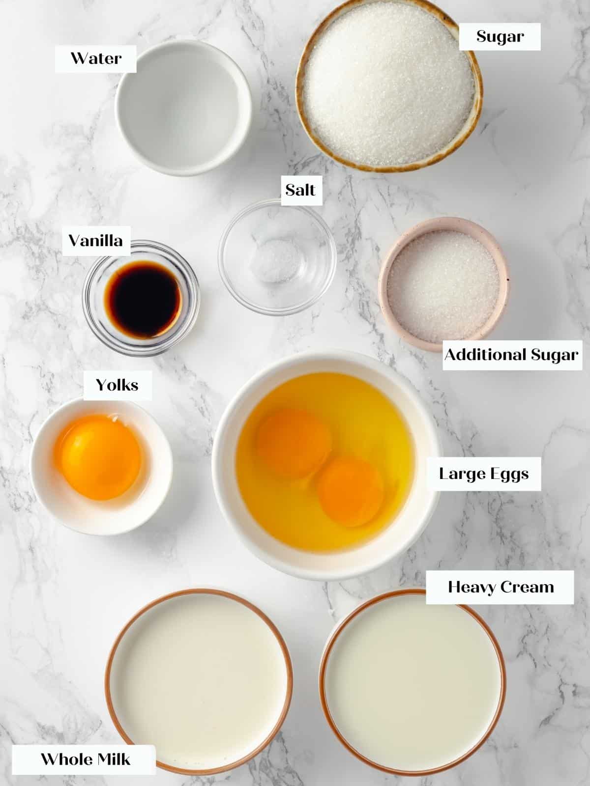 Ingredients for creme caramel, including sugar, eggs, milk, and vanilla, arranged on a white countertop.