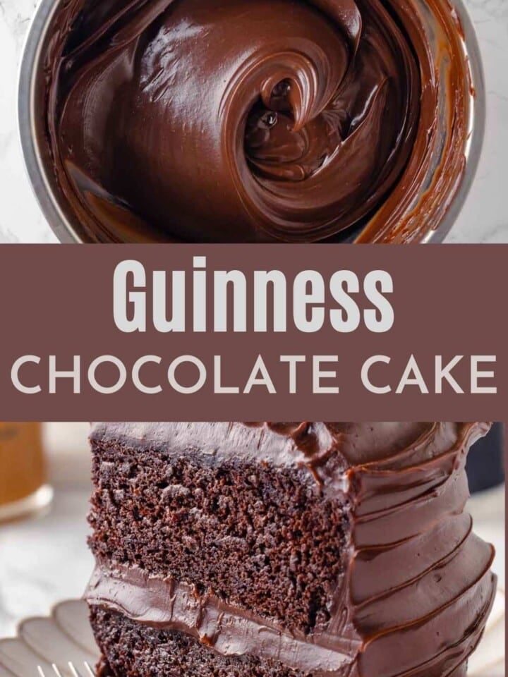 A slice of Guinness chocolate cake on a white plate, topped with caramel fudge frosting.