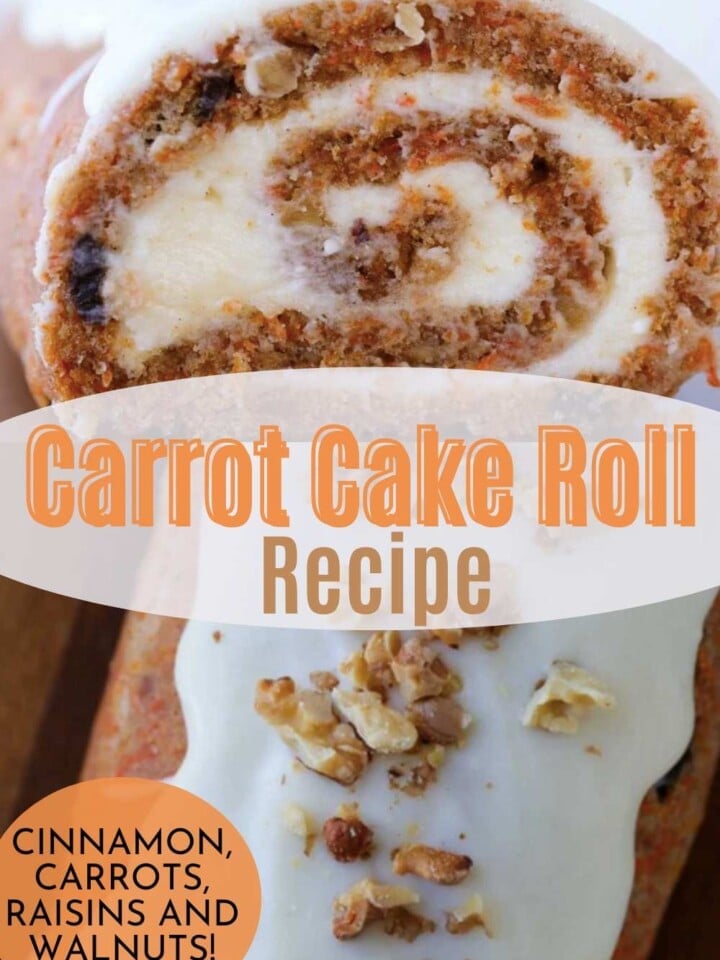 Homemade carrot cake roll tightly rolled and glazed with bourbon-infused cream cheese buttercream.