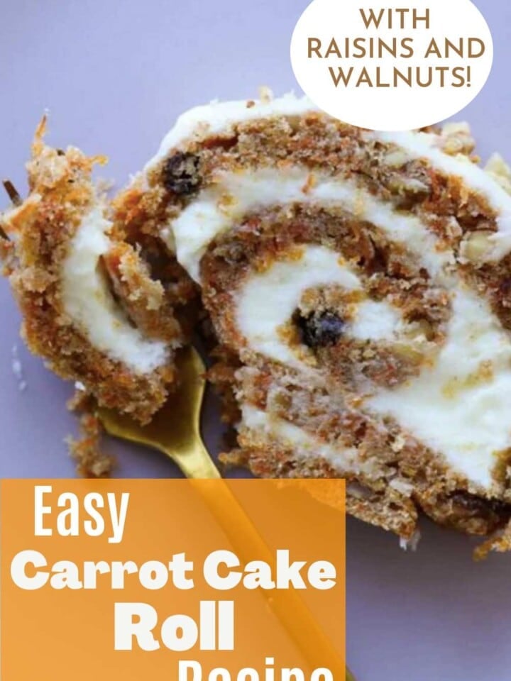 Close-up of a moist carrot cake roll drizzled with bourbon syrup and topped with creamy buttercream.