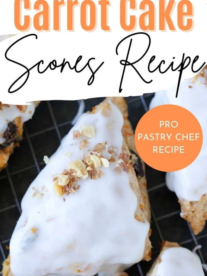 Delicious Carrot Cake Scones with a shiny cream cheese glaze.
