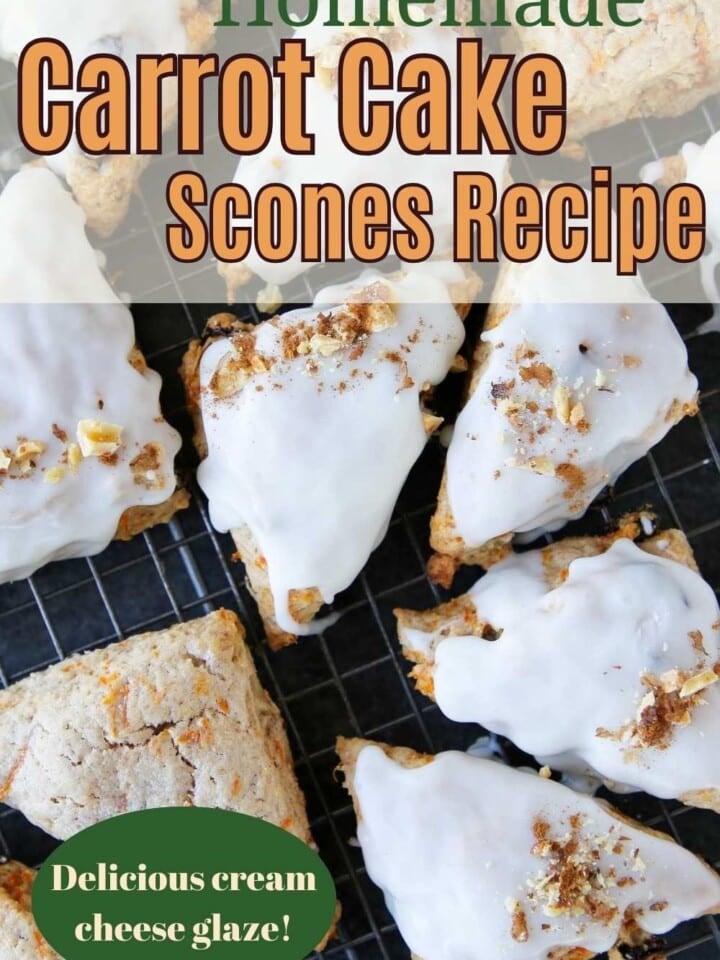 A rack of moist Carrot Cake Scones with a light, spiced cream cheese glaze.
