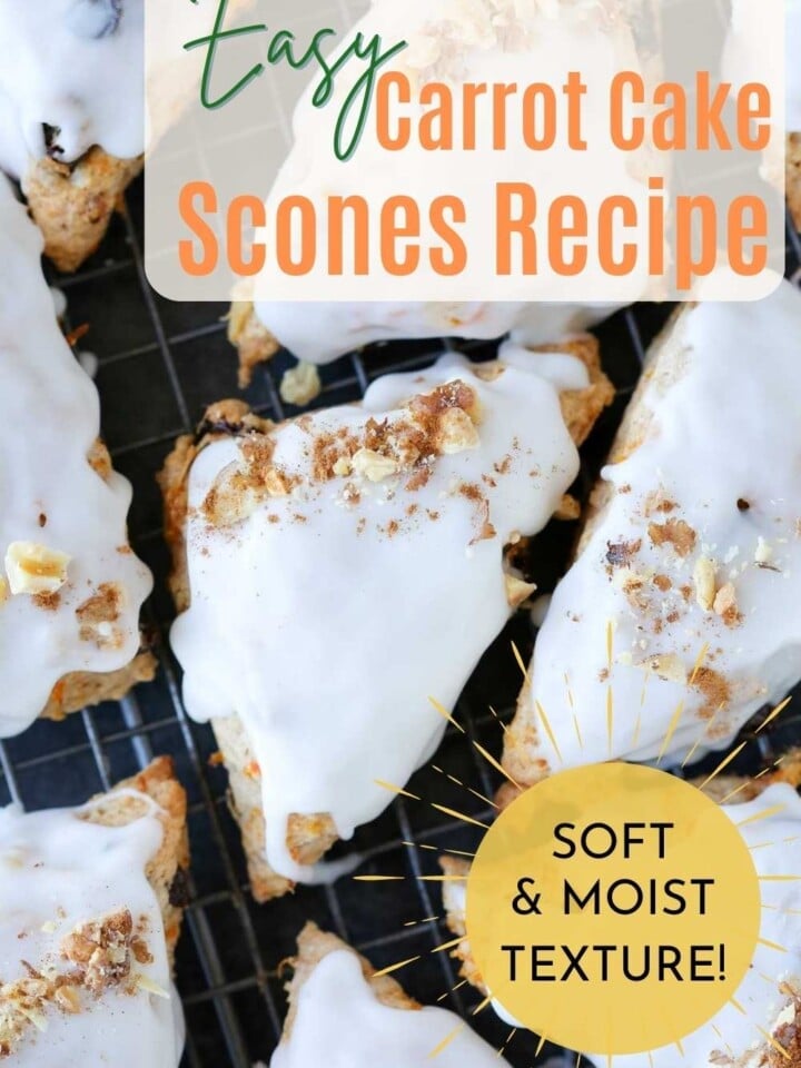 Close-up of golden Carrot Cake Scones topped with a creamy, drizzled glaze.