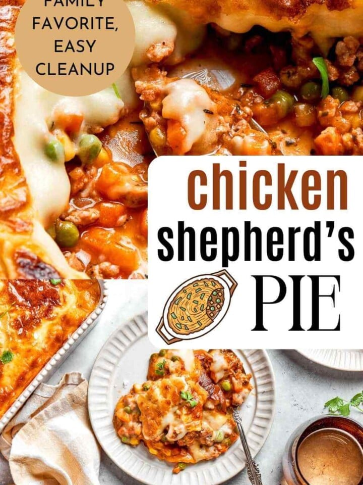 A spoon scooping a portion of Chicken Shepherd’s Pie from a casserole dish, revealing a hearty filling with peas, carrots, and corn.