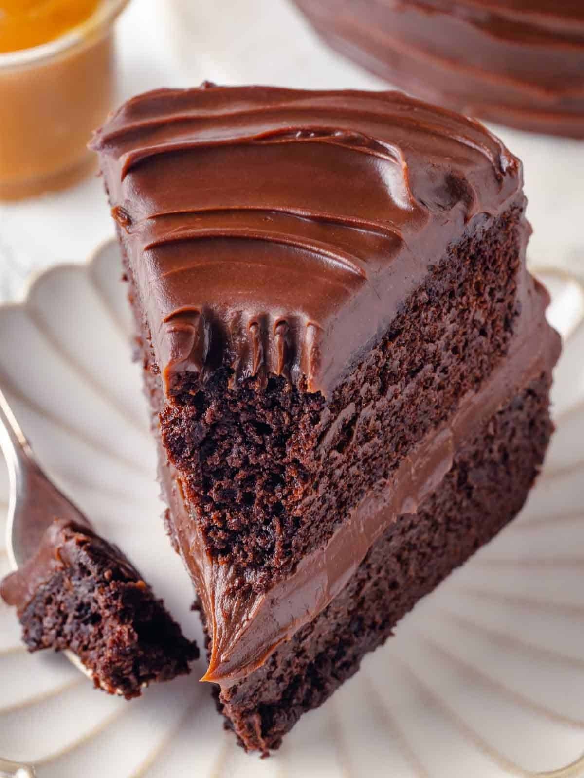 bite of guinness chocolate cake on fork.