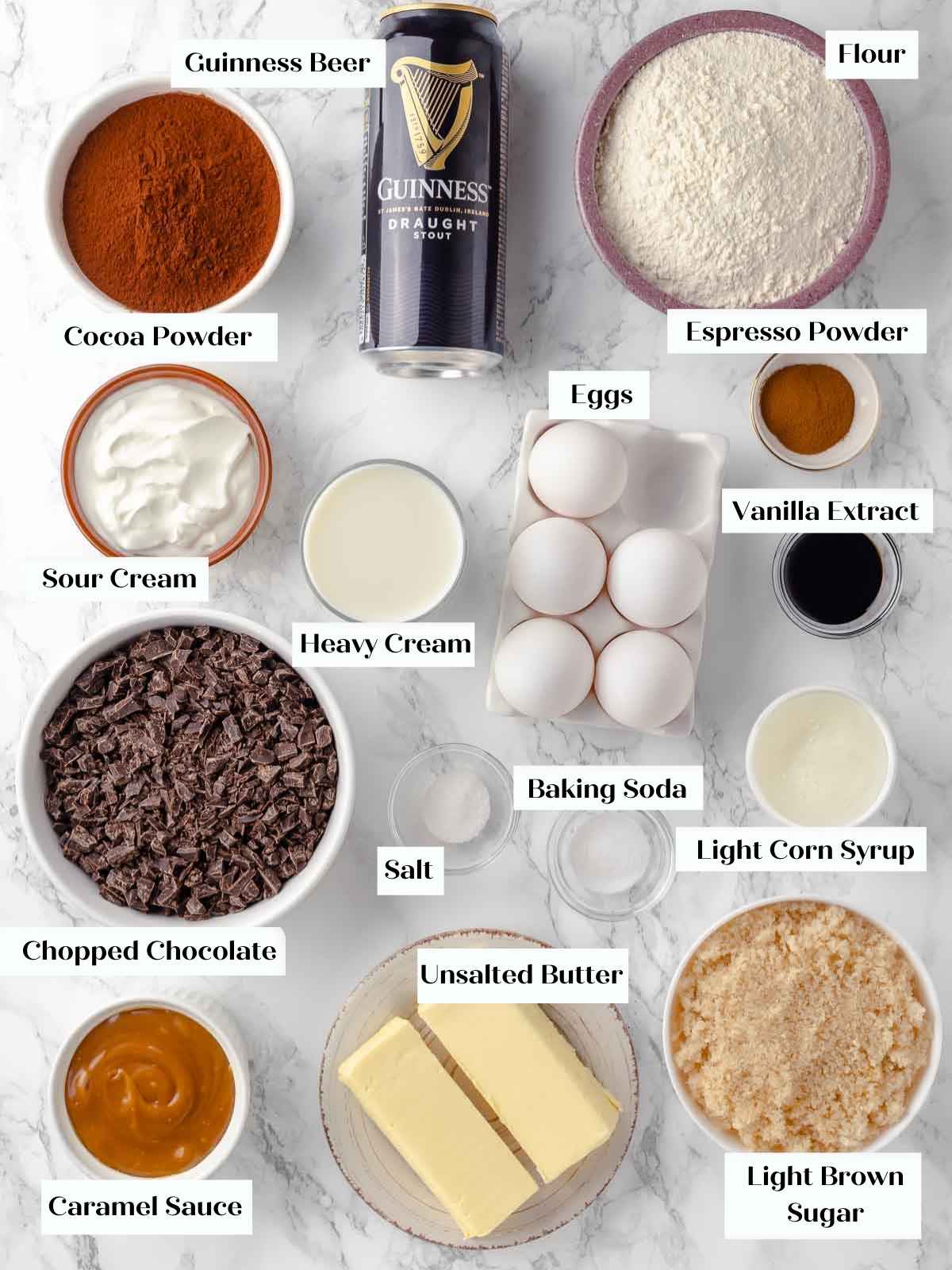 ingredients for guinness chocolate cake on marble. 