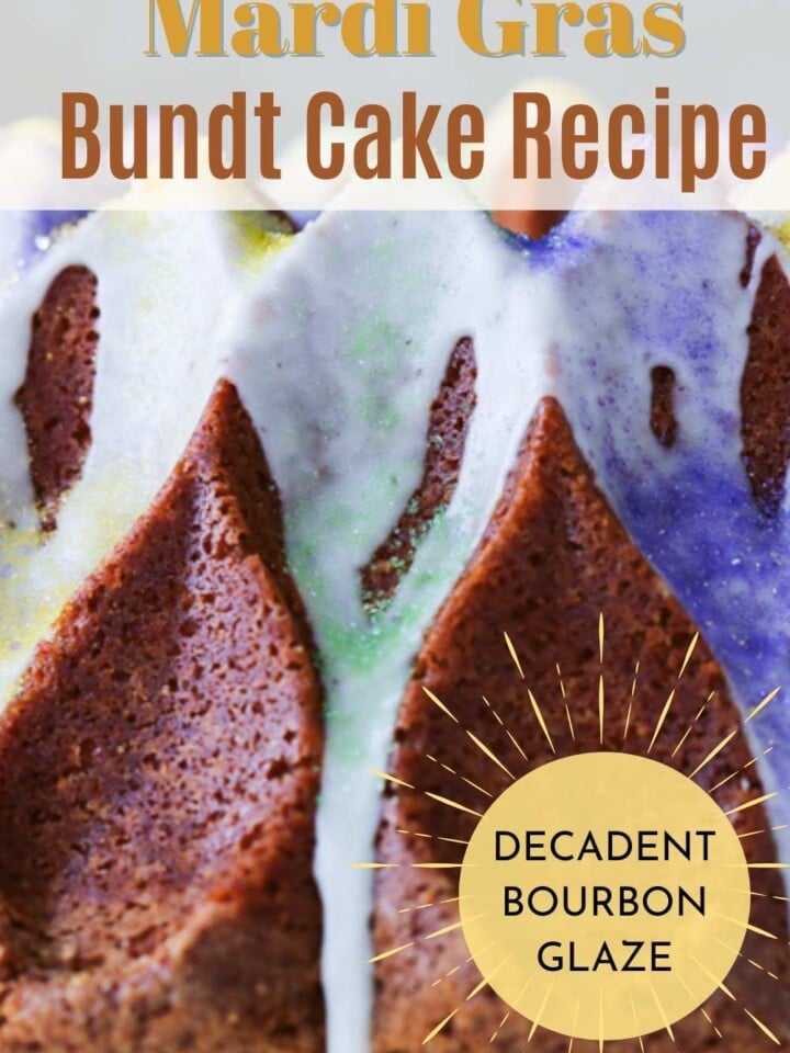Close-up of a moist Mardi Gras King Bundt Cake drizzled with Bourbon glaze.