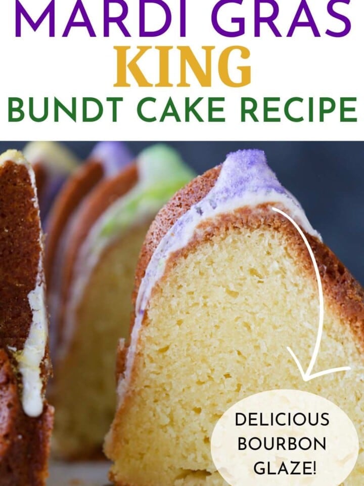 Festive Mardi Gras King Bundt Cake decorated with purple, green, and yellow accents.