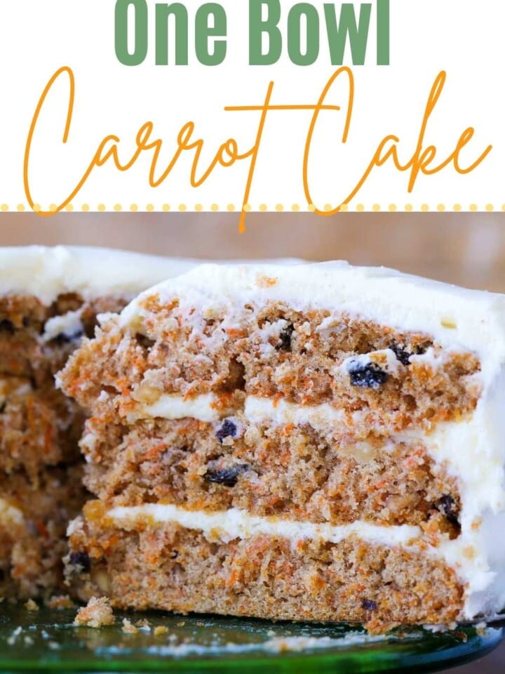 Delicious slice of one bowl carrot cake showing tender, spiced carrot bits and a creamy layer of frosting.