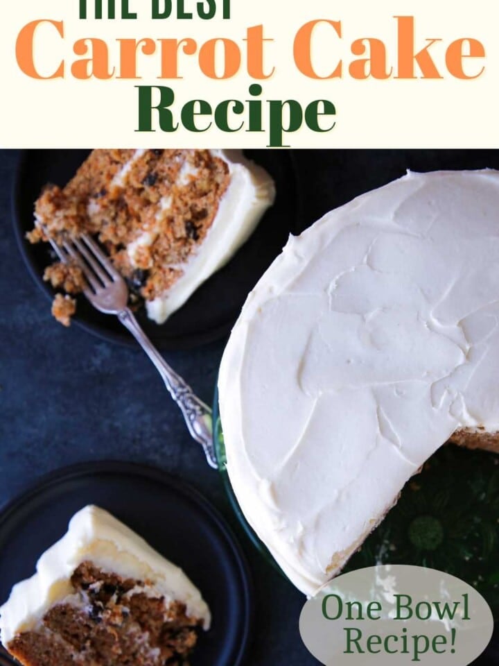 Homemade one bowl carrot cake presented on a decorative plate with luscious cream cheese topping.