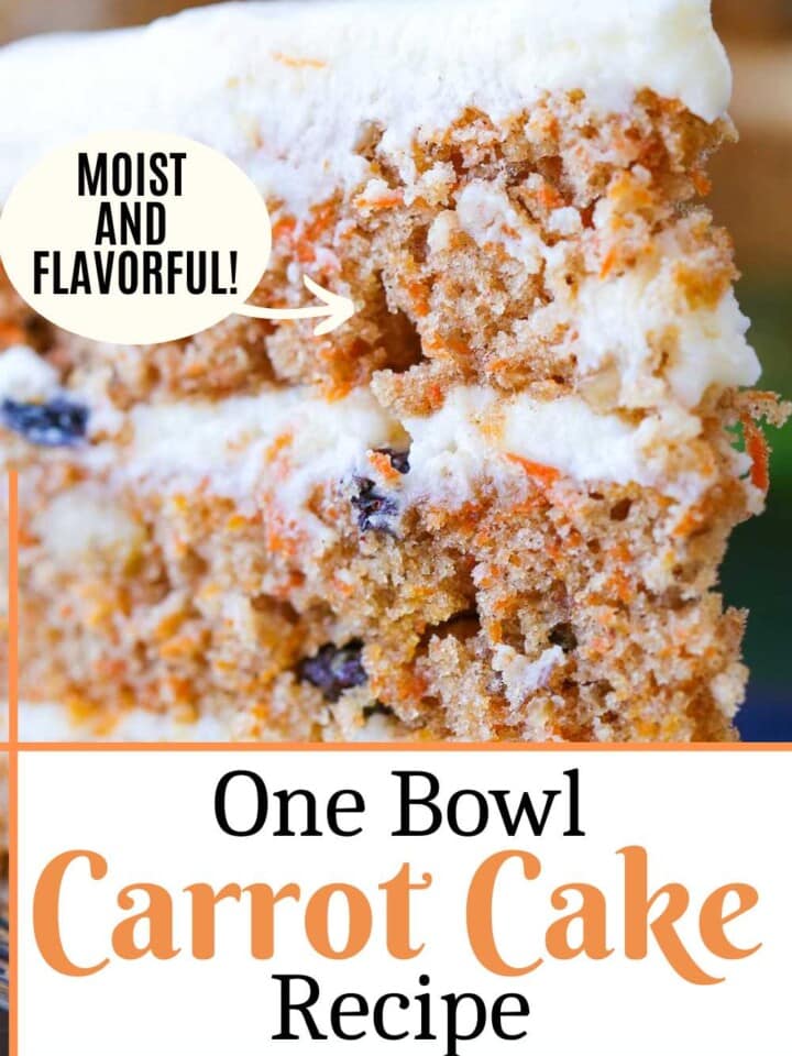Freshly baked one bowl carrot cake with a vibrant orange crumb and rich frosting.