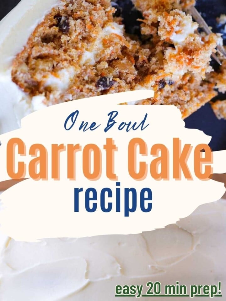 Close-up of a moist one bowl carrot cake slice topped with smooth cream cheese buttercream.