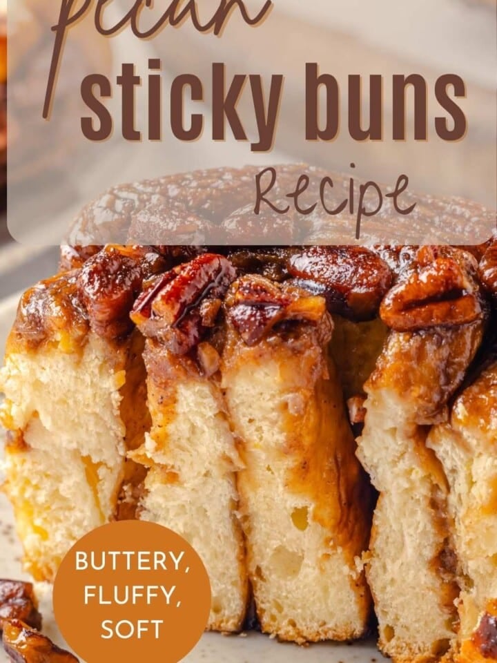 Gooey pecan bun showcasing a soft, buttery texture and rich topping.