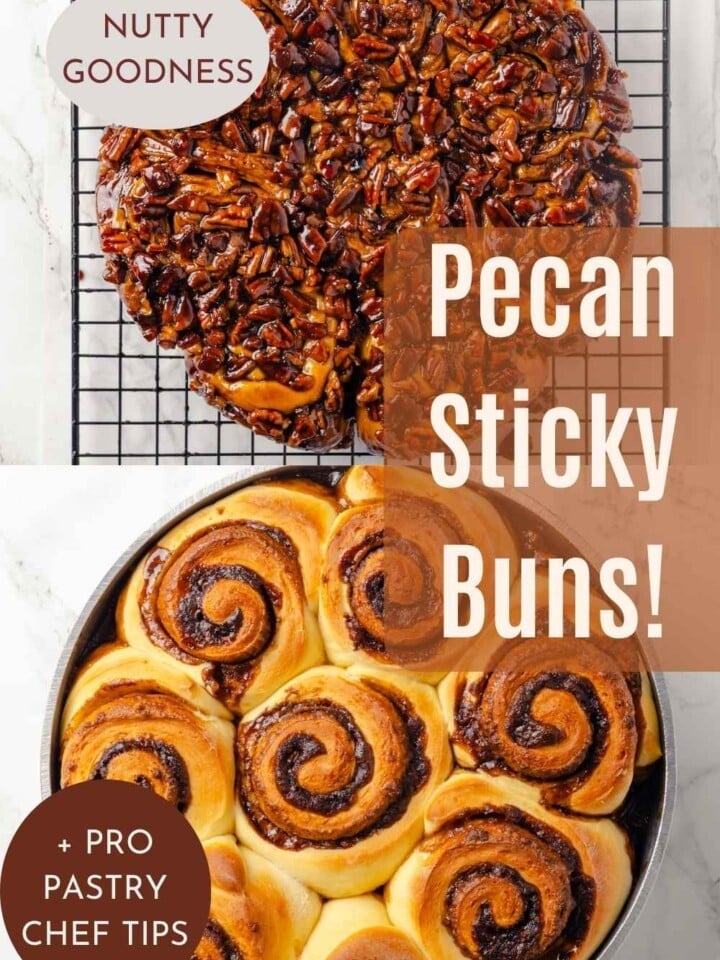 Golden pecan buns topped with crunchy caramel and toasted pecans.