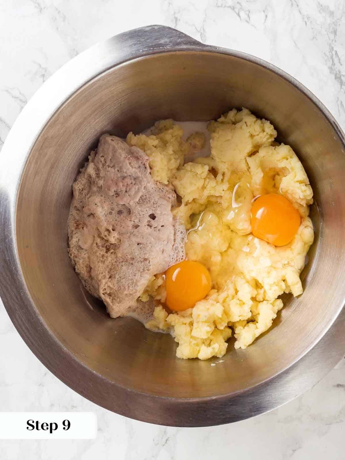 A bowl with mashed potatoes, eggs, and yeast, ready to be mixed.