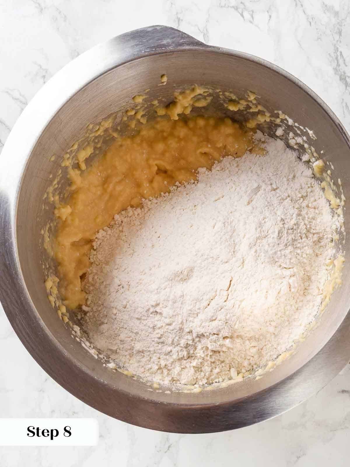 A bowl of flour, salt, and sugar before being mixed for potato bread dough.