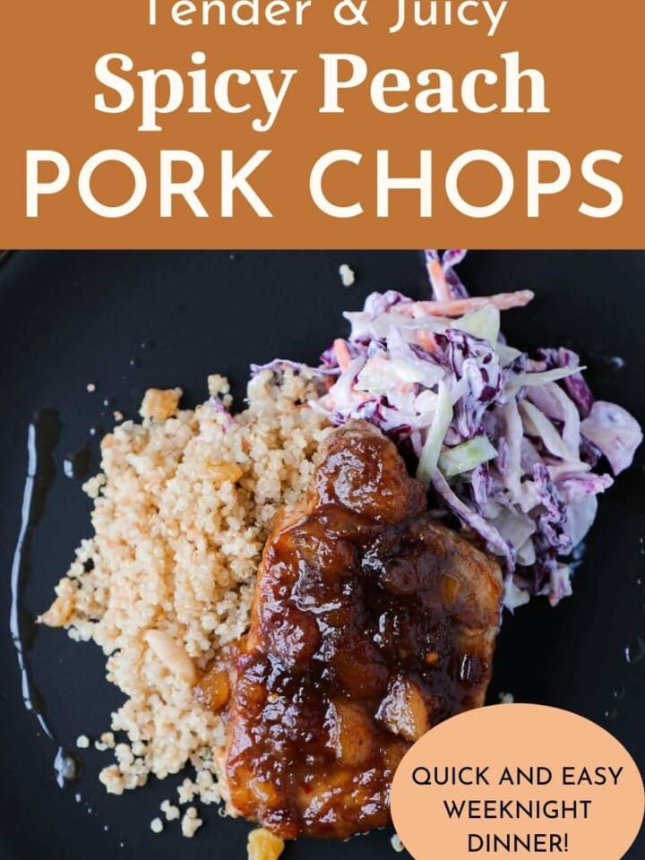 A plate of Spicy Peach Pork Chops with crispy edges and rich sauce.