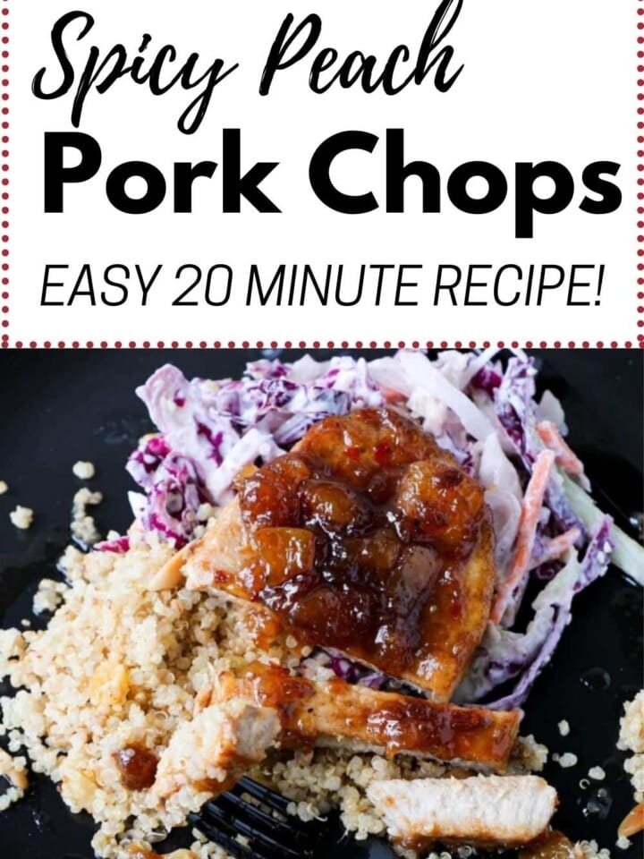 A plate of tender pork chops drizzled with a sweet and spicy peach sauce.
