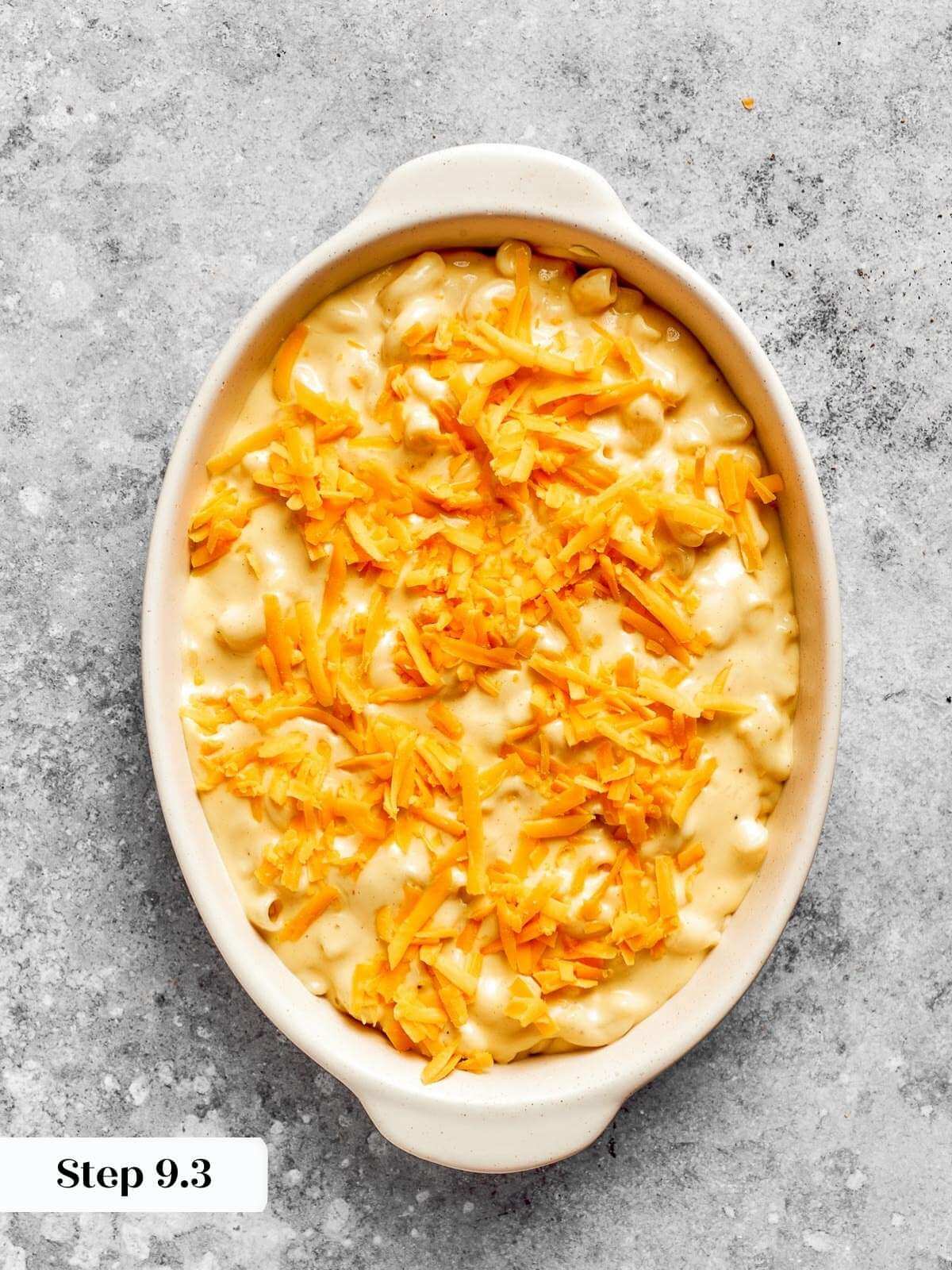 Mac and cheese assembled in a dish before going into the oven.