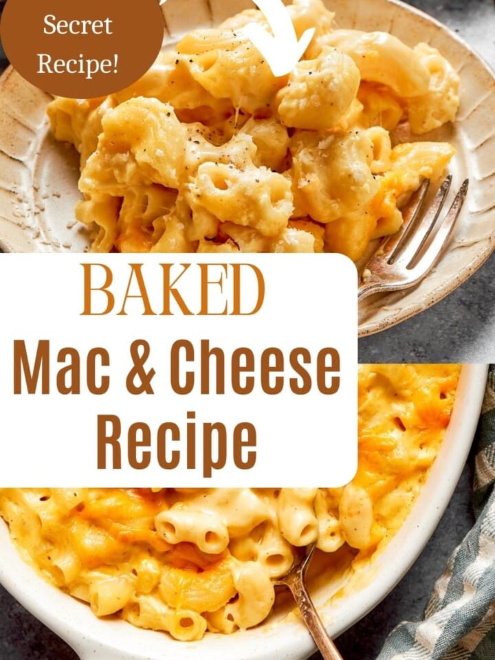 A close-up of a creamy, cheesy baked mac and cheese in a white casserole dish with a golden, crispy top.