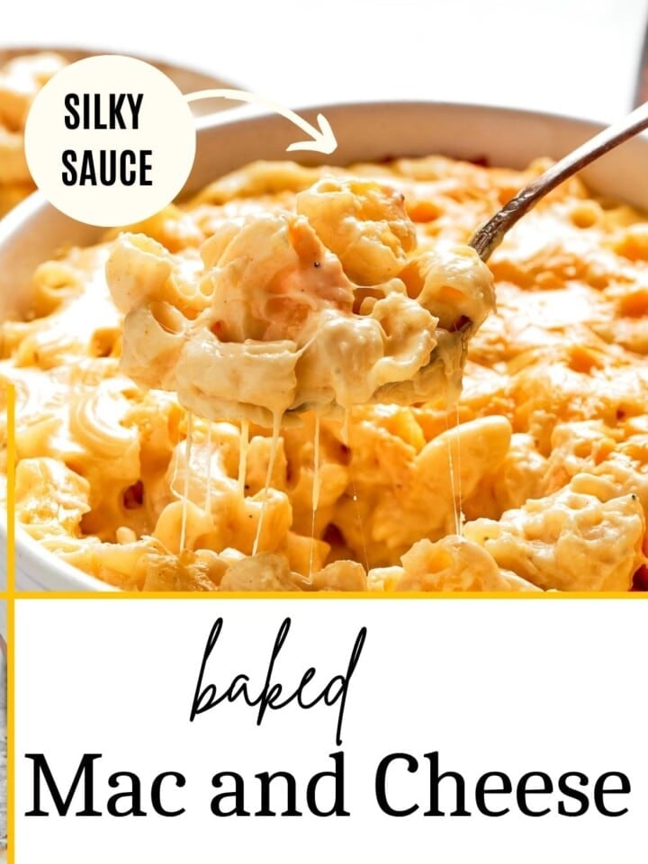 A spoon lifting a cheesy bite of baked macaroni and cheese, with melted cheese stretching between the noodles.