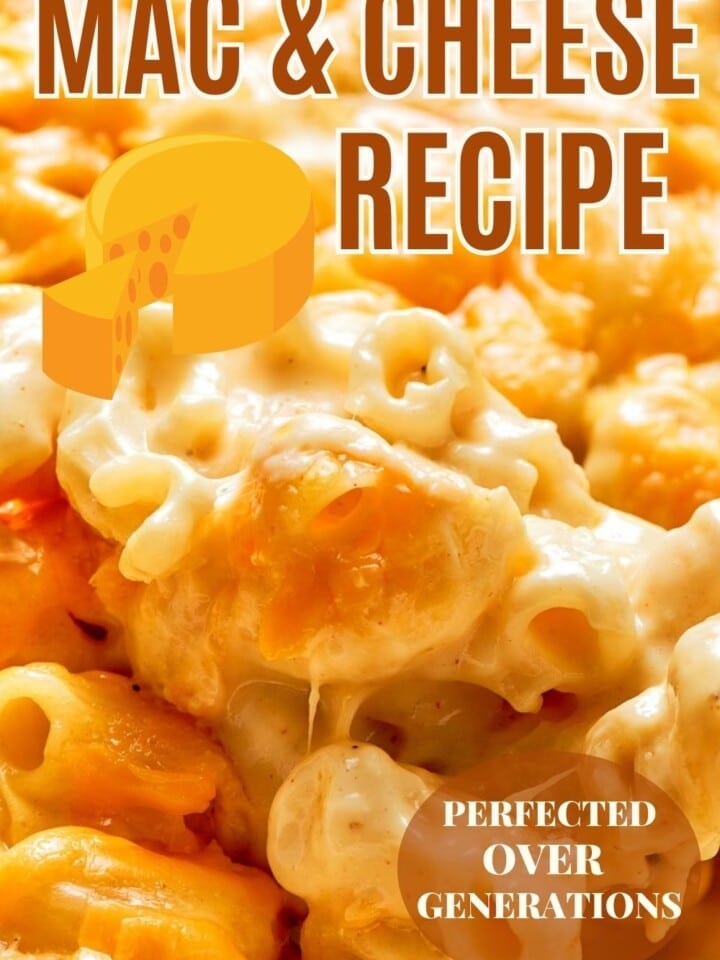 A casserole dish filled with freshly baked mac and cheese, with crispy edges and a bubbling cheese sauce.