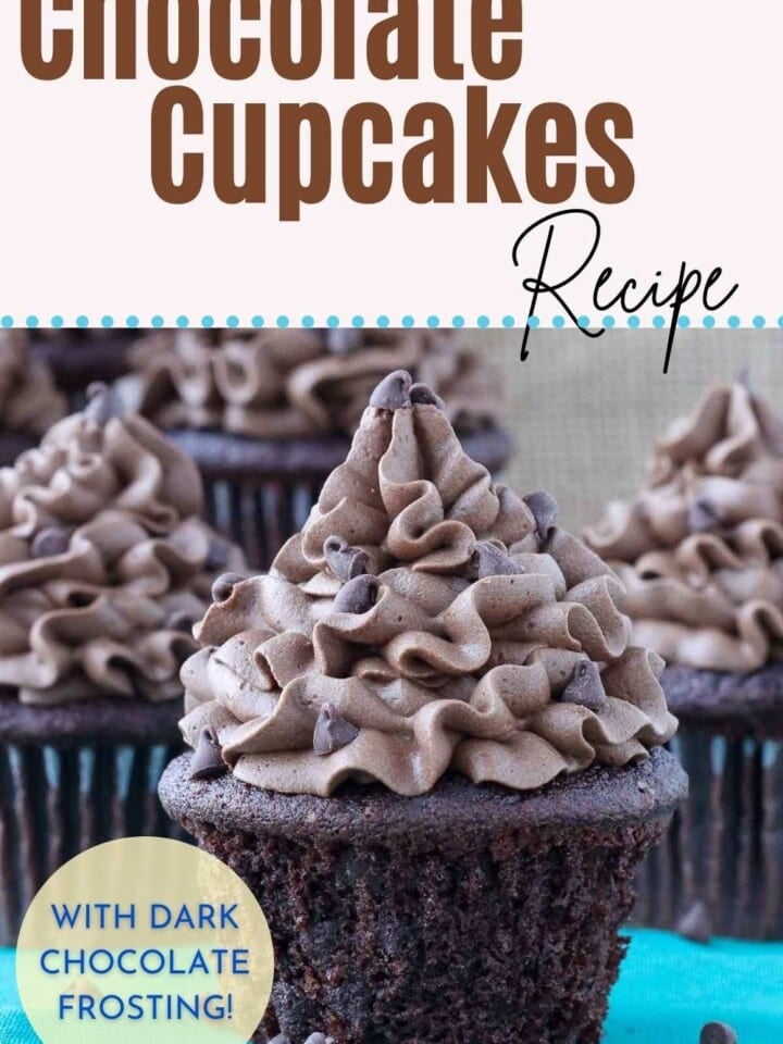 A countertop of chocolate cupcakes with thick chocolate buttercream, dusted with cocoa powder and garnished with chocolate chips.
