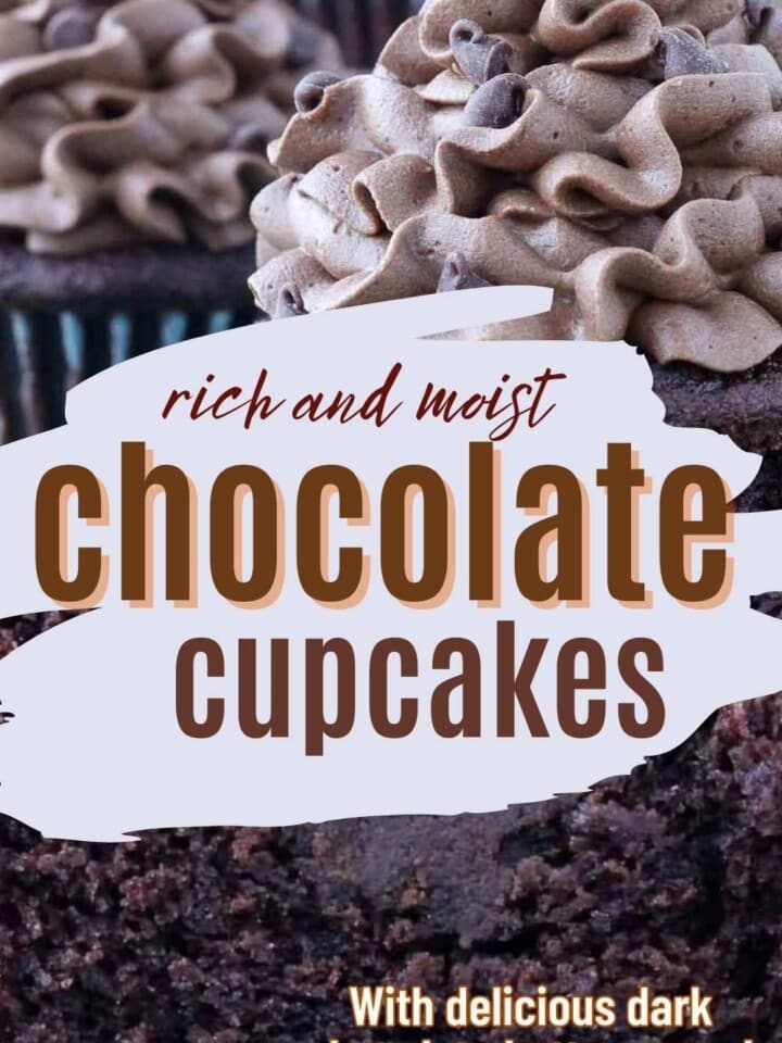 Close-up of a chocolate cupcake sliced in half, showing the gooey ganache inside and fluffy, moist cake.