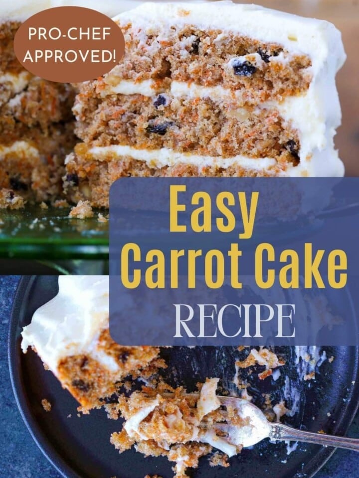 Close-up of a moist, spiced carrot cake slice with cream cheese frosting on top.