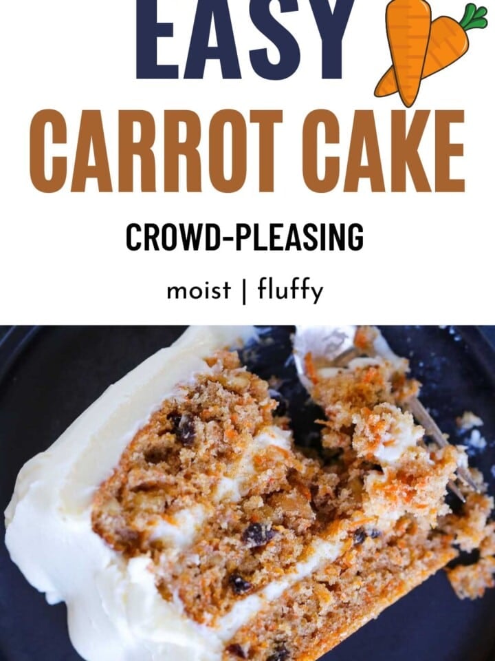 Layered carrot cake with cream cheese frosting and a rustic, homemade look.