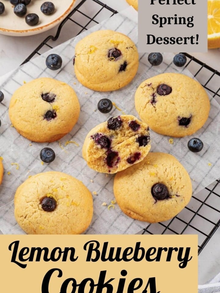 A cooling rack filled with lemon blueberry cookies, ready to eat.