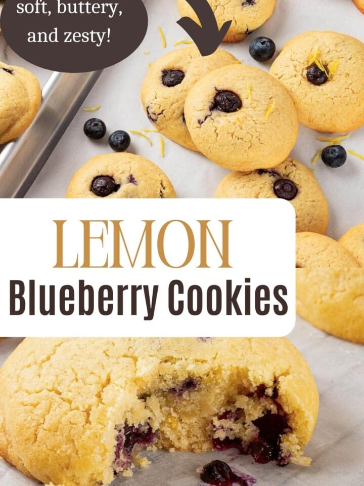 A baking sheet full of lemon blueberry cookies, warm from the oven.