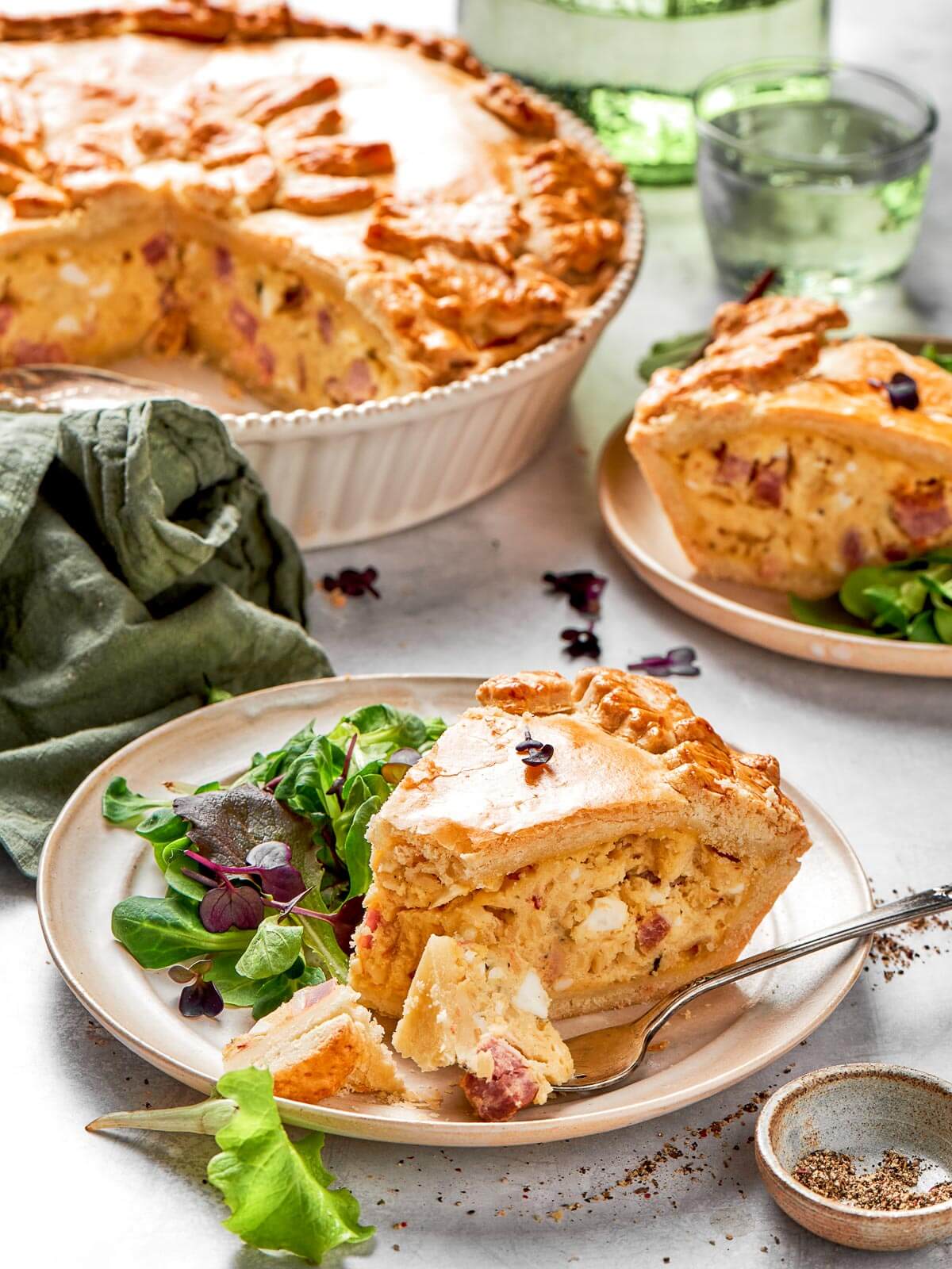A neatly cut piece of deep-dish Italian Easter pie.