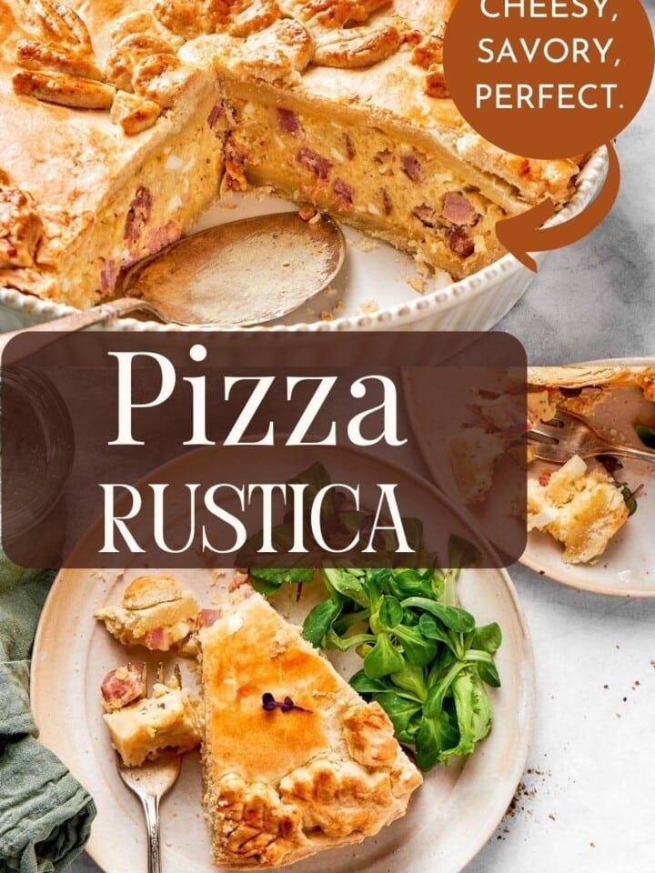 A rustic table setting with a whole Pizza Rustica, a fork, and fresh basil leaves.