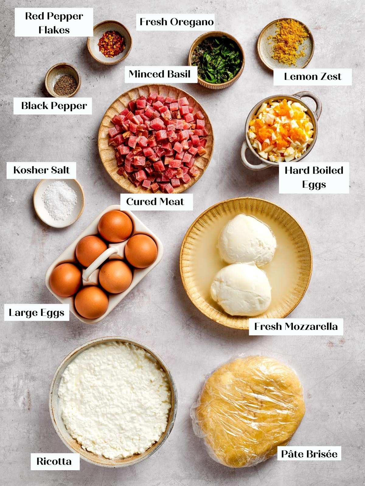 Ingredients for pizza rustica spread out on a kitchen countertop.