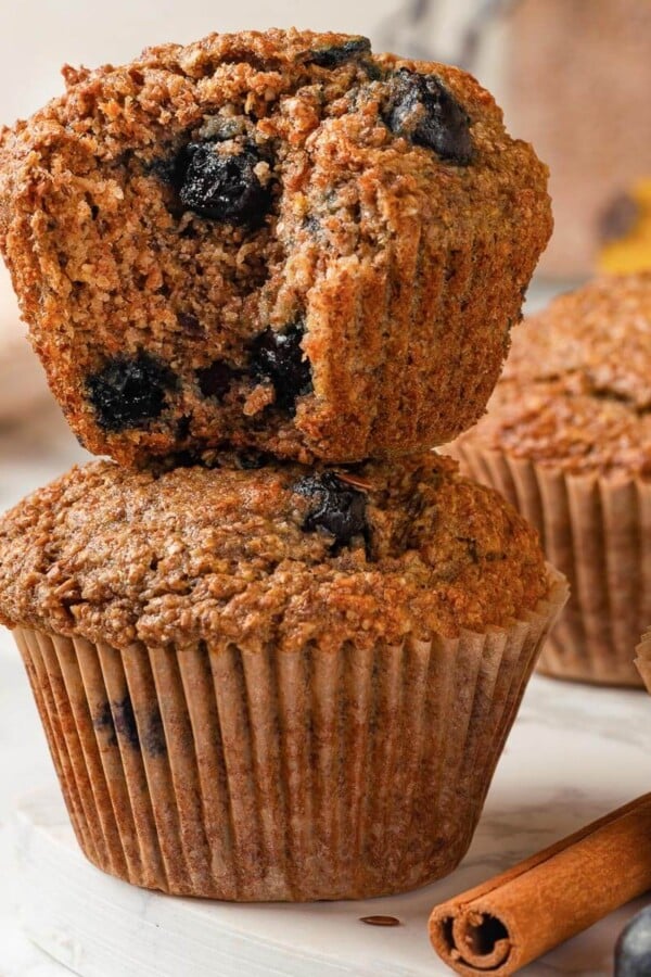Fluffy, moist crumb texture of a finished banana bran muffin.