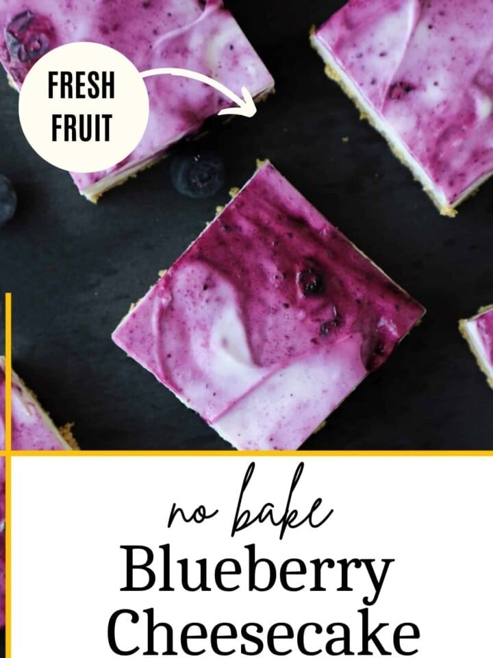 No bake blueberry cheesecake bars topped with lemon whipped cream and jam.