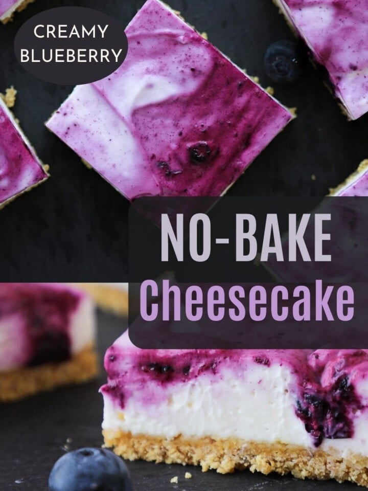 Creamy cheesecake bars cut into squares with layers visible.