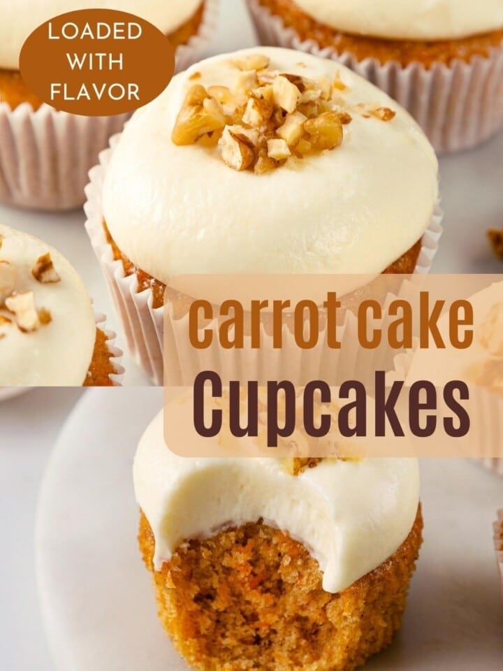Moist cupcakes cut in half showing tender texture and nuts inside.
