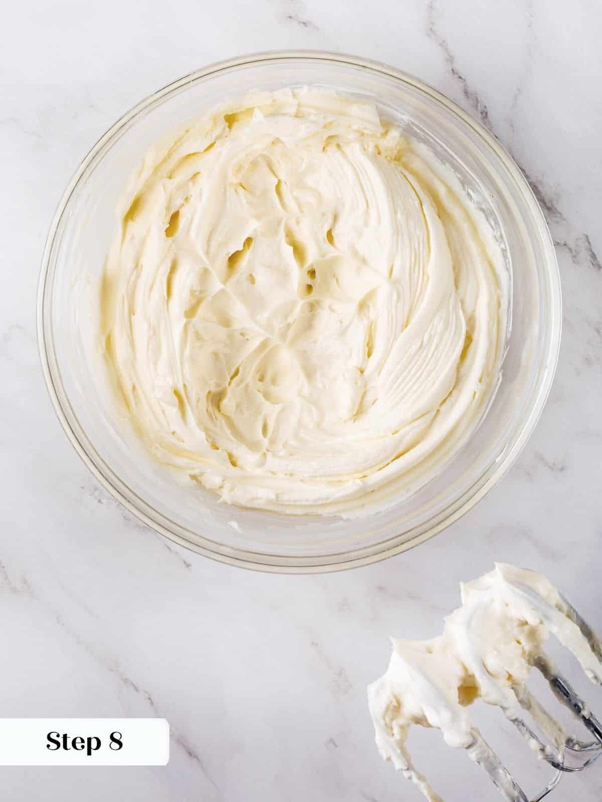 Close-up of the fluffy cream cheese butter mixture.