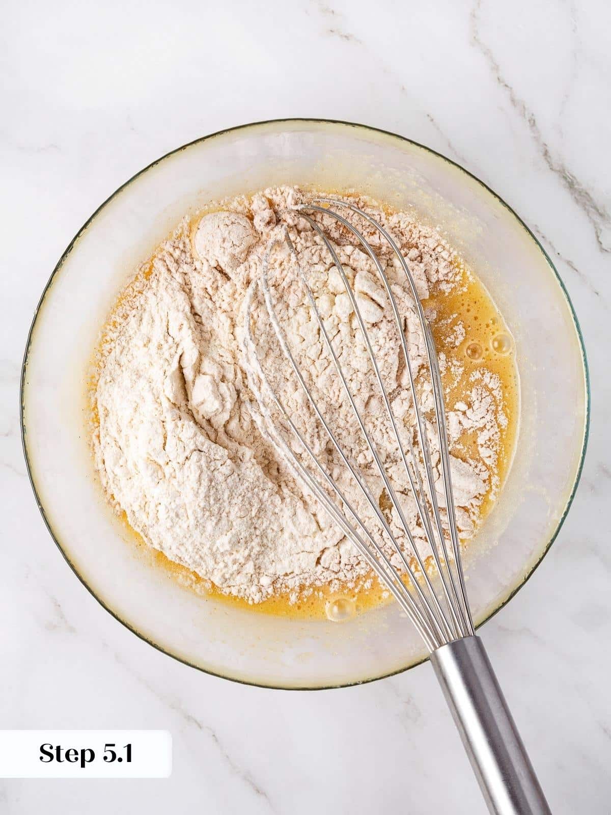Folding the dry mixture gently into the wet ingredients.