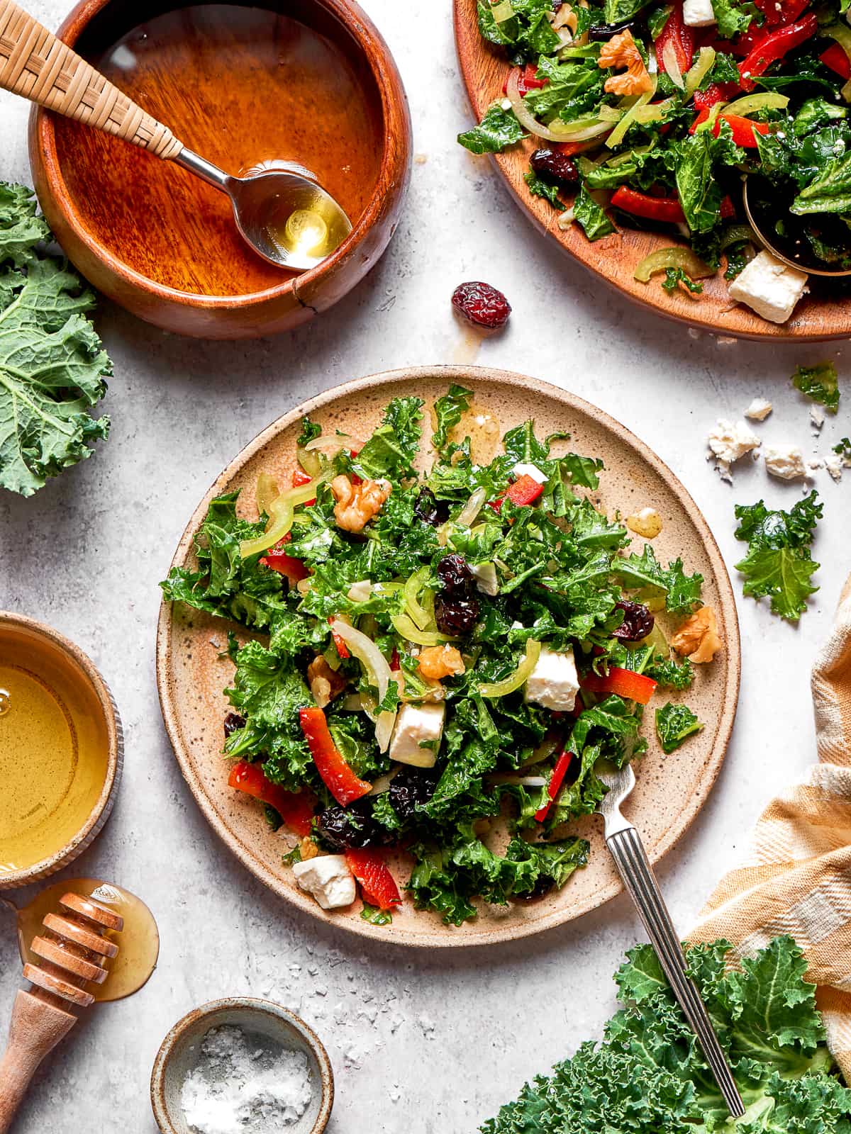 Kale salad plated and ready to serve.