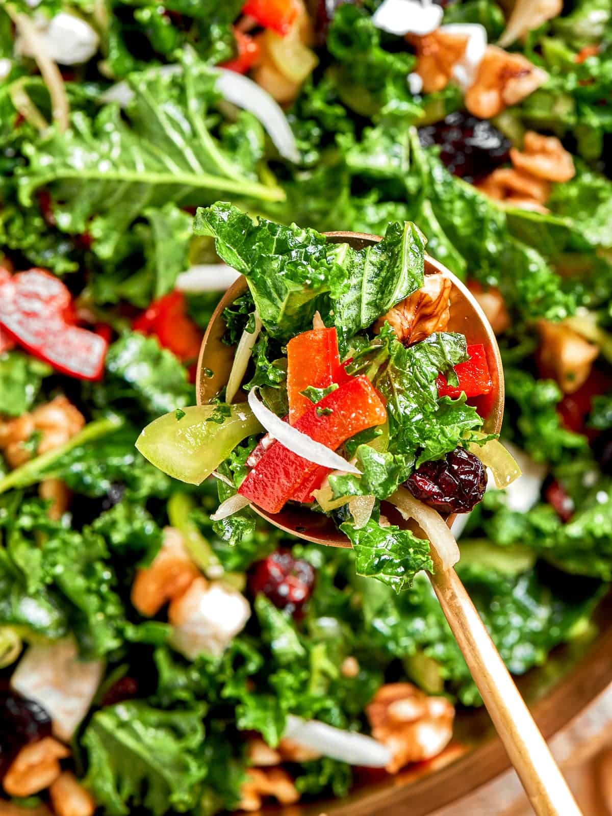 A spoon scooping a serving of kale salad.