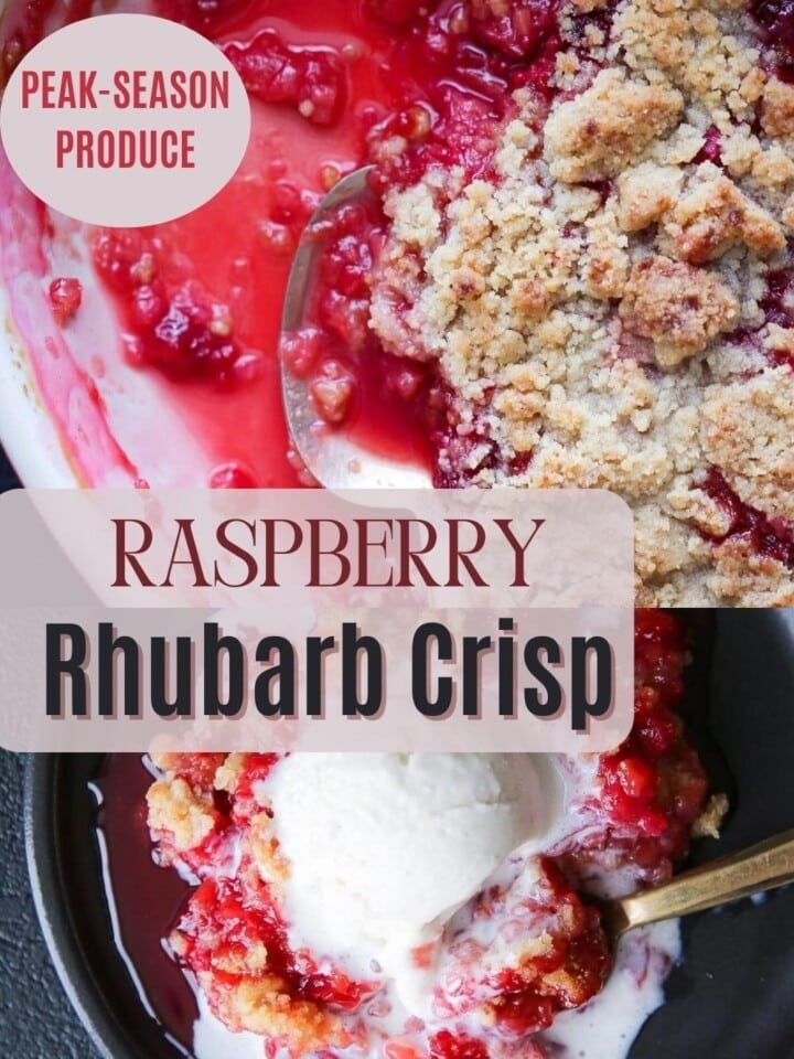 Raspberry rhubarb crisp served with ice cream.